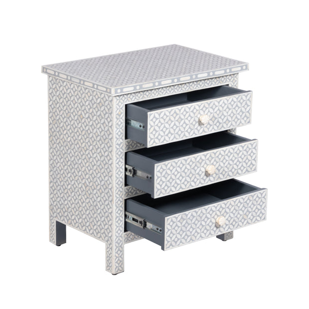 Bone Inlay Large 3 Drawer Bedside Table - Grey Geometric