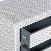 Bone Inlay Large 3 Drawer Bedside Table - Grey Geometric