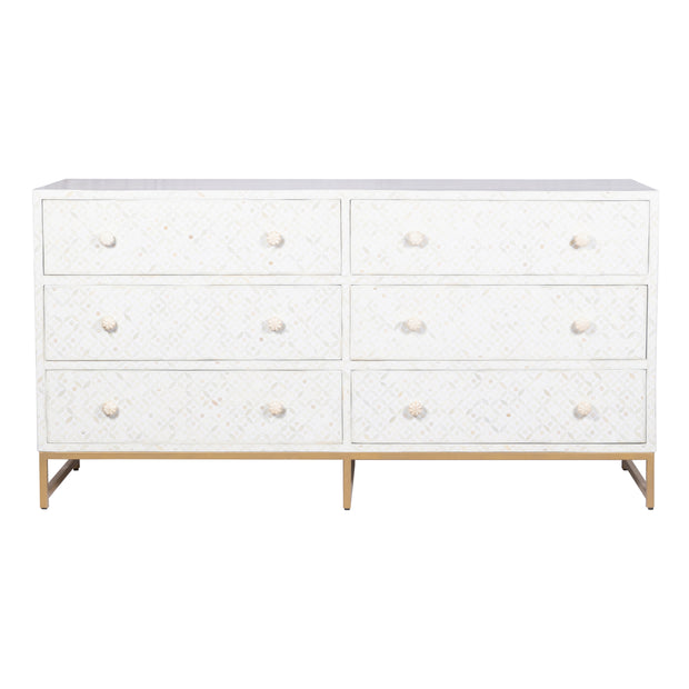 Bone Inlay Buffet 6 Drawer Chest of Drawers - White Geometric