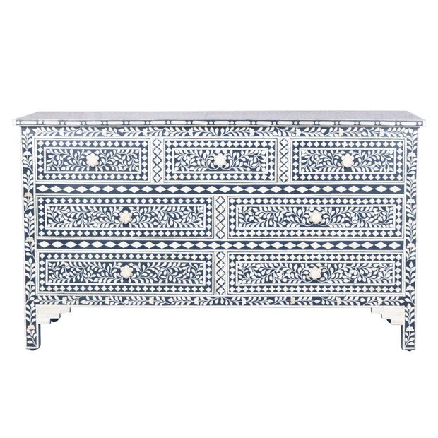 Bone Inlay 7 Drawer Chest of Drawers - Navy Blue, Floral