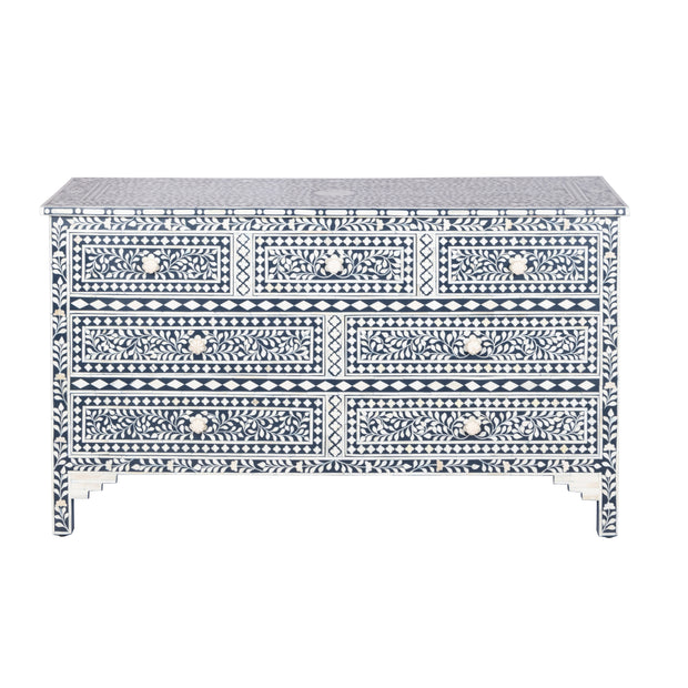 Bone Inlay 7 Drawer Chest of Drawers - Navy Blue, Floral