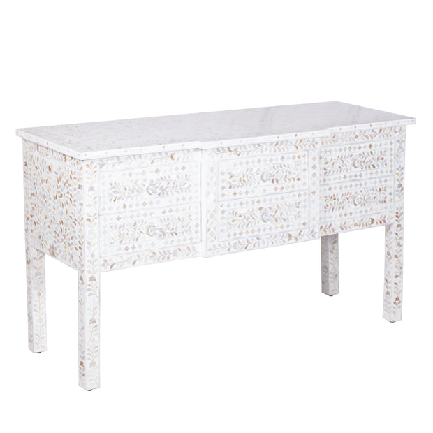 Mother of Pearl Inlay Buffet 6 Drawer Chest of Drawers - White Floral