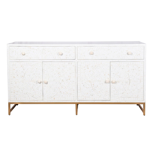 Bone Inlay Buffet 2 Drawer 4 Door - White Floral, Gold Frame