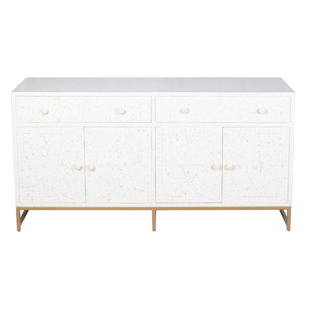 Bone Inlay Buffet 2 Drawer 4 Door - White Floral, Gold Frame