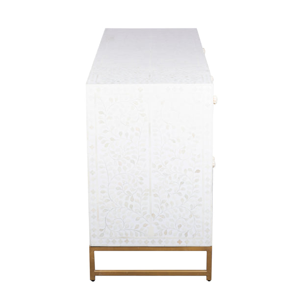 Bone Inlay Buffet 2 Drawer 4 Door - White Floral, Gold Frame