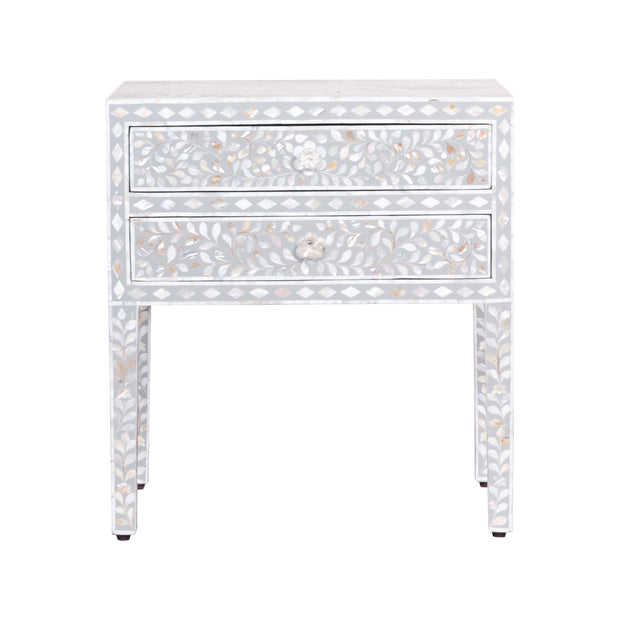 Mother of Pearl Inlay 2 Draw Bedside Table (LARGE) - Light Grey