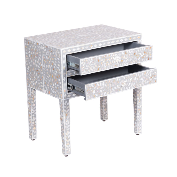 Mother of Pearl Inlay 2 Draw Bedside Table (LARGE) - Light Grey