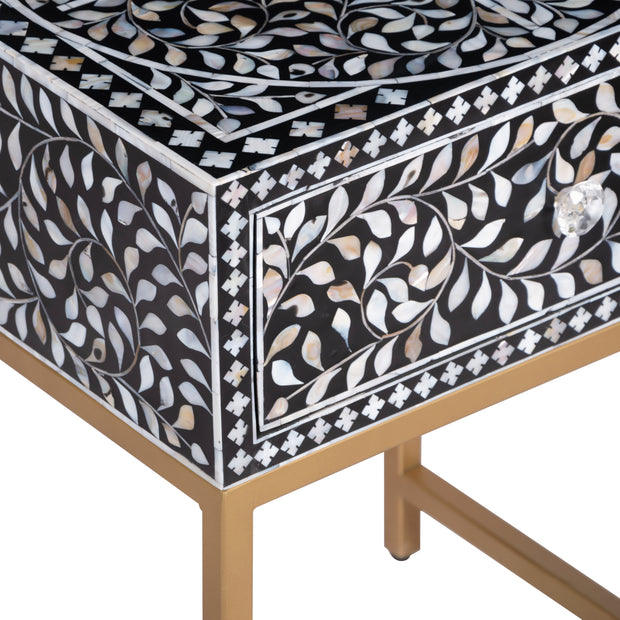 1 Drawer Bedside Table - Mother of Pearl Inlay - Black Floral - Gold Frame