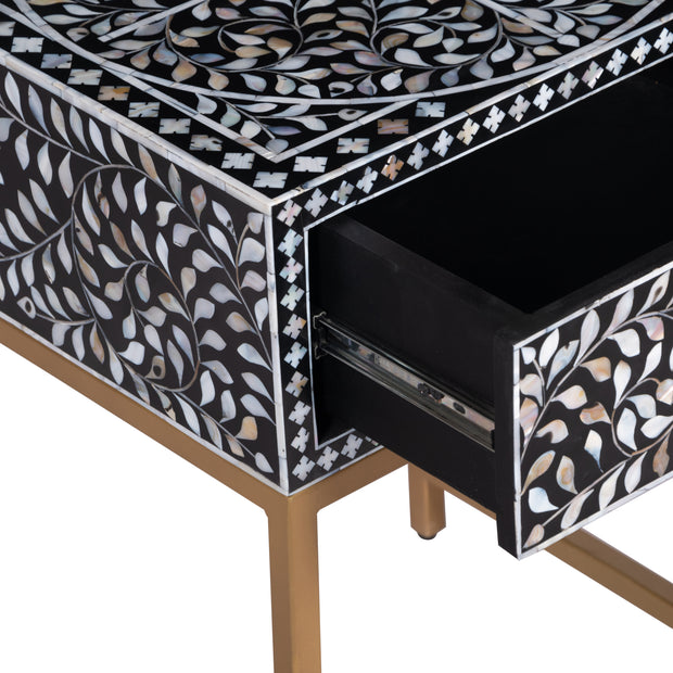 1 Drawer Bedside Table - Mother of Pearl Inlay - Black Floral - Gold Frame