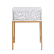 1 Drawer Bedside Table - Mother of Pearl Inlay - Light Grey Floral - Gold Frame