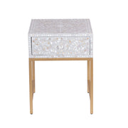 1 Drawer Bedside Table - Mother of Pearl Inlay - Light Grey Floral - Gold Frame