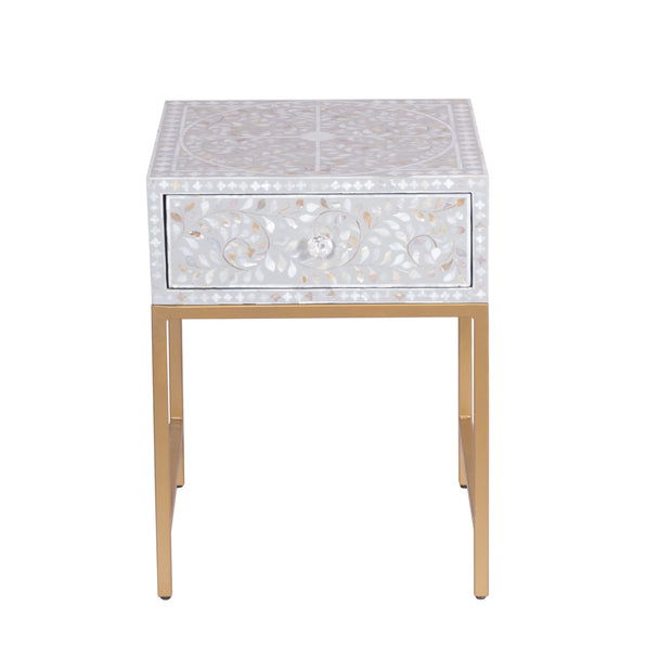 1 Drawer Bedside Table - Mother of Pearl Inlay - Light Grey Floral - Gold Frame