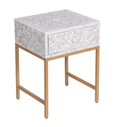 1 Drawer Bedside Table - Mother of Pearl Inlay - Light Grey Floral - Gold Frame