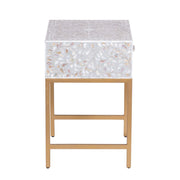 1 Drawer Bedside Table - Mother of Pearl Inlay - Light Grey Floral - Gold Frame