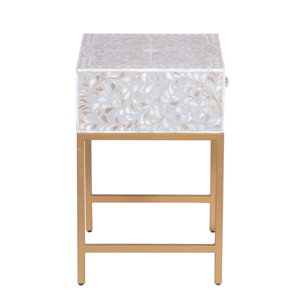 1 Drawer Bedside Table - Mother of Pearl Inlay - Light Grey Floral - Gold Frame