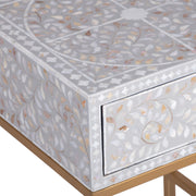 1 Drawer Bedside Table - Mother of Pearl Inlay - Light Grey Floral - Gold Frame