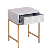 1 Drawer Bedside Table - Mother of Pearl Inlay - Light Grey Floral - Gold Frame