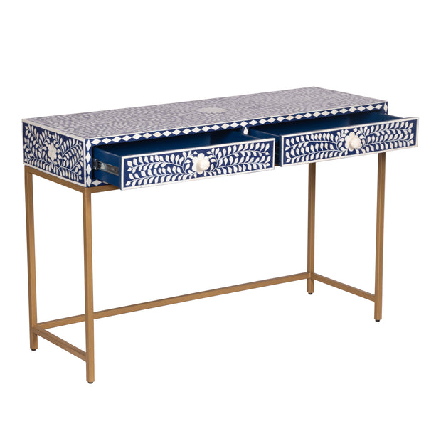 Bone Inlay 2 Drawer Hall Table - Indigo Blue Floral