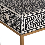 Bone Inlay 2 Drawer Hall or Side Table with Gold Frame - Black Floral