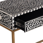 Bone Inlay 2 Drawer Hall or Side Table with Gold Frame - Black Floral