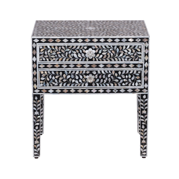 Mother of Pearl Inlay LARGE 2 Draw Bedside Table (LARGE) - Black