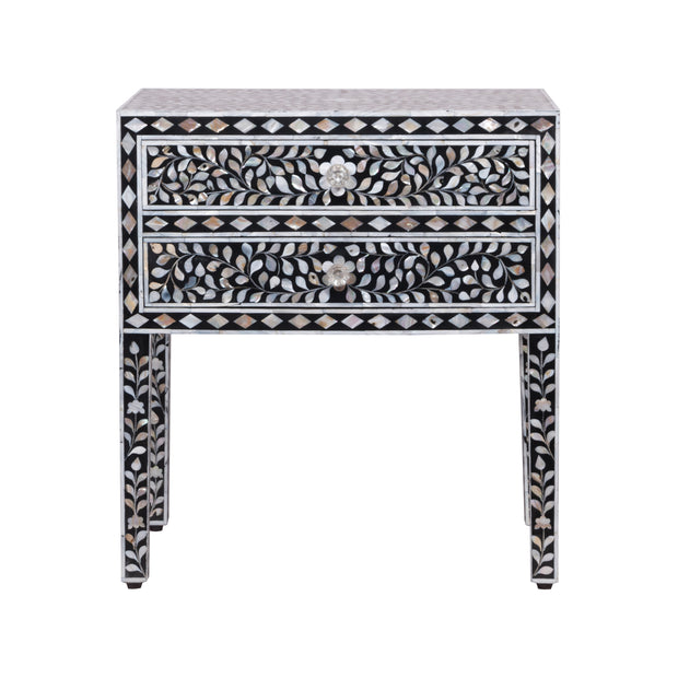 Mother of Pearl Inlay LARGE 2 Draw Bedside Table (LARGE) - Black