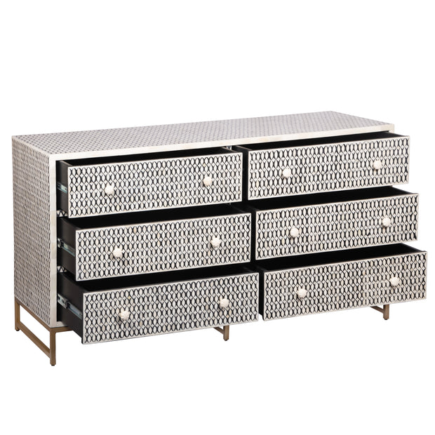 Bone Inlay Buffet 6 Drawer Chest of Drawers - Black Lattice