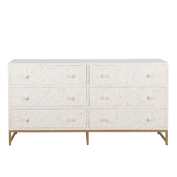 Bone Inlay Buffet 6 Drawer Chest of Drawers - White Floral, Gold Frame