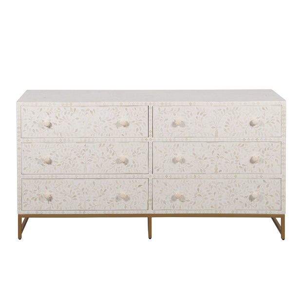 Bone Inlay Buffet 6 Drawer Chest of Drawers - White Floral, Gold Frame