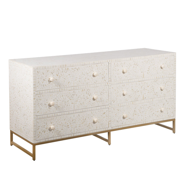 Bone Inlay Buffet 6 Drawer Chest of Drawers - White Floral, Gold Frame