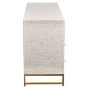 Bone Inlay Buffet 6 Drawer Chest of Drawers - White Floral, Gold Frame