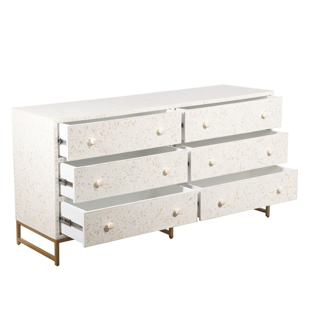 Bone Inlay Buffet 6 Drawer Chest of Drawers - White Floral, Gold Frame