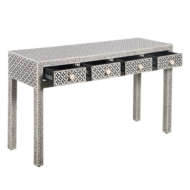 Bone Inlay 4 Drawer Hall Table or Side Table - Black Geometric