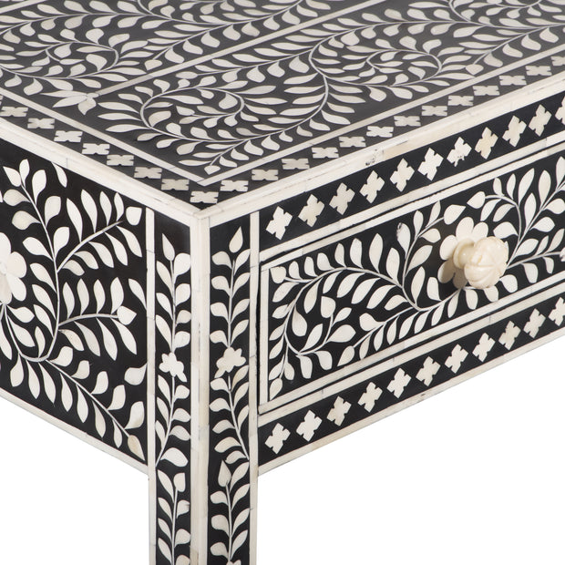 Bone Inlay 3 Drawer Hall Table or Side Table - Black Floral