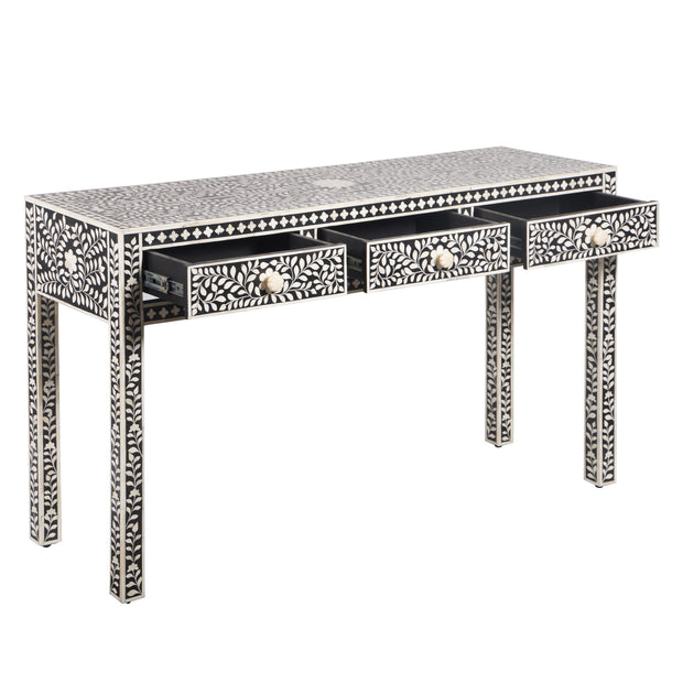 Bone Inlay 3 Drawer Hall Table or Side Table - Black Floral