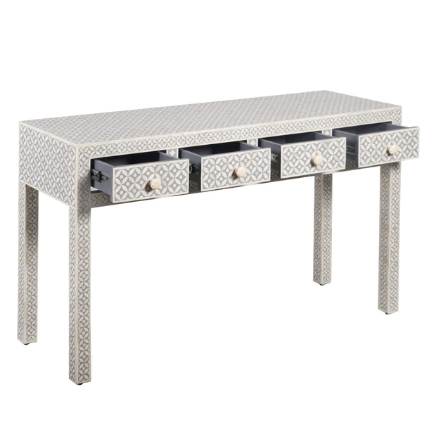 Bone Inlay 4 Drawer Hall Table or Side Table - Grey Geometric