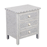 Bone Inlay Large 3 Drawer Bedside Table - Dark Grey Geometric