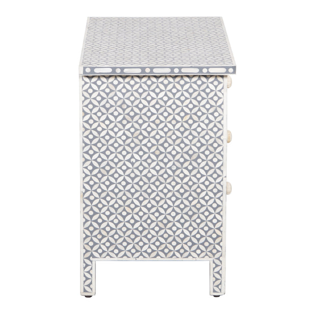 Bone Inlay Large 3 Drawer Bedside Table - Dark Grey Geometric