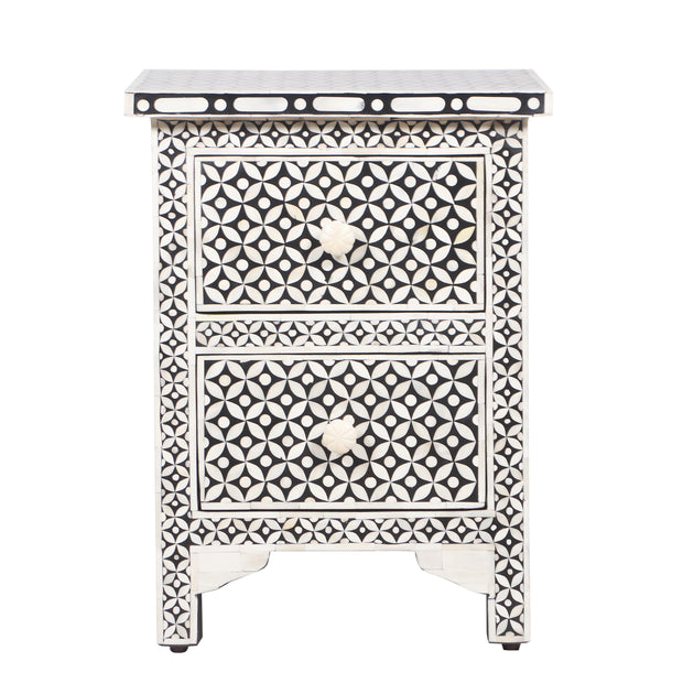 Bone Inlay Bedside, with 2 Drawers - Black Geometric