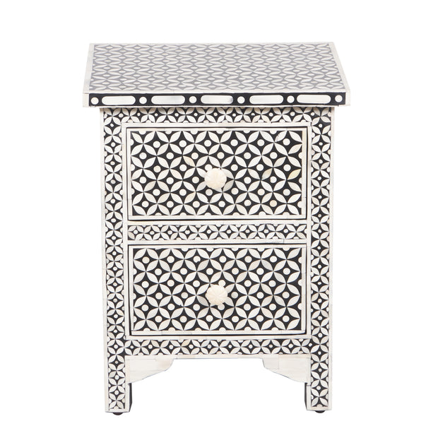 Bone Inlay Bedside, with 2 Drawers - Black Geometric