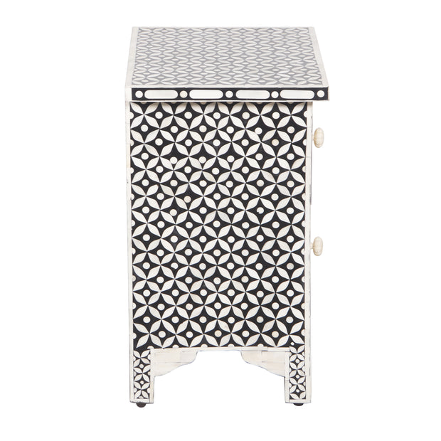 Bone Inlay Bedside, with 2 Drawers - Black Geometric