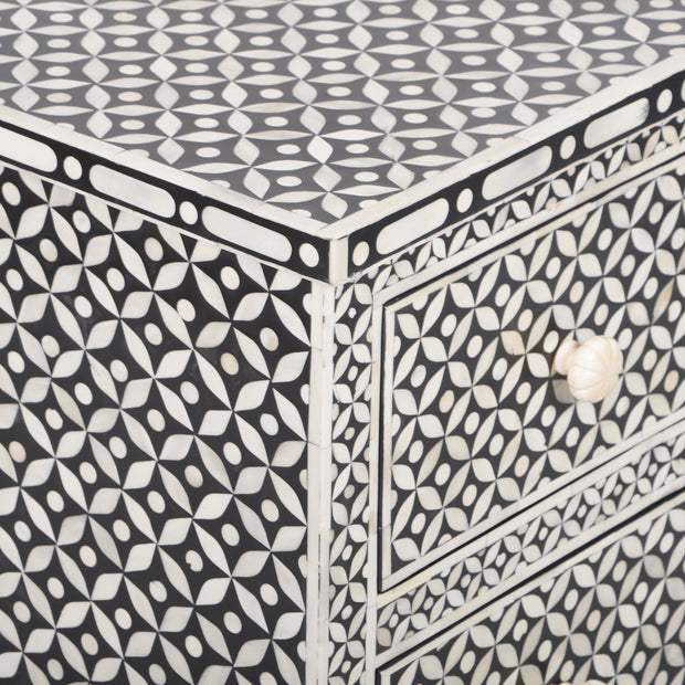 Bone Inlay Bedside, with 2 Drawers - Black Geometric