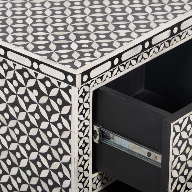 Bone Inlay Bedside, with 2 Drawers - Black Geometric