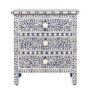 Bone Inlay Large 3 Drawer Bedside Table - Navy Blue Floral