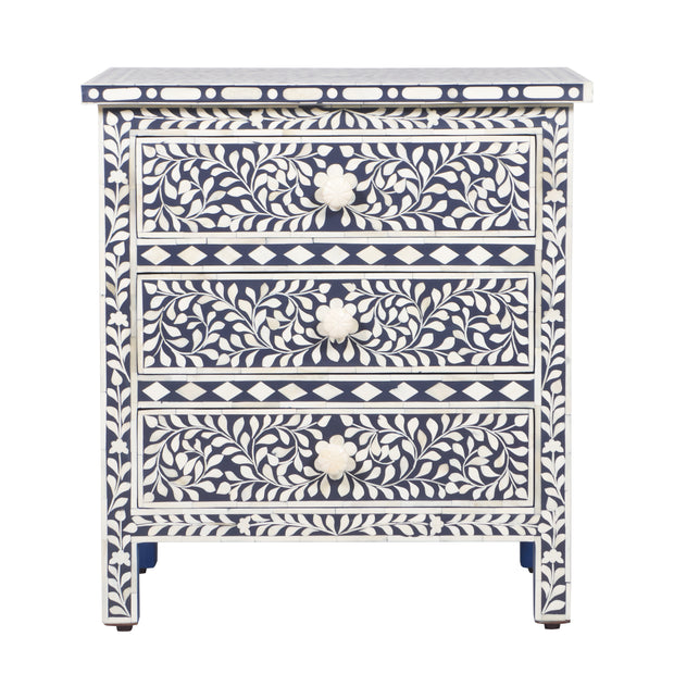 Bone Inlay Large 3 Drawer Bedside Table - Navy Blue Floral