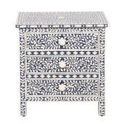 Bone Inlay Large 3 Drawer Bedside Table - Navy Blue Floral