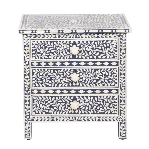 Bone Inlay Large 3 Drawer Bedside Table - Navy Blue Floral