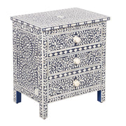 Bone Inlay Large 3 Drawer Bedside Table - Navy Blue Floral