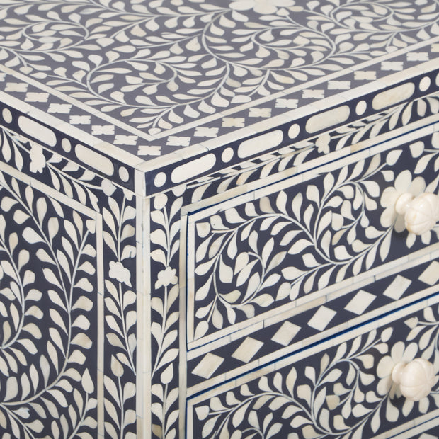 Bone Inlay Large 3 Drawer Bedside Table - Navy Blue Floral