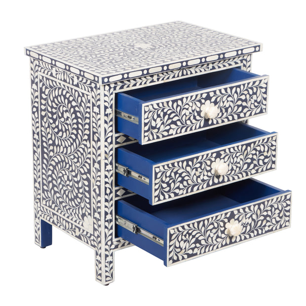 Bone Inlay Large 3 Drawer Bedside Table - Navy Blue Floral